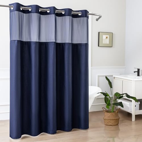 Mrs Awesome No Hook Shower Curtain with Snap-in Liner, Embossed Waffle Design Fabric Shower Curtain for Bathroom, Soft & Lightweight, 71x74, Navy Blue - color: Navy Blue, size: 71"W x 74"L (Pack of 1)