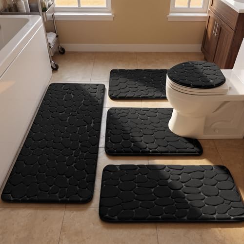 YIHOUSE Bathroom Rugs Mat Set, Memory Foam Bath Mat 5 Piece Black | Non Slip, Water Absorbent, Washable, Bath Mat For Bathroom, Sink and Toilet - color: Black, size: 3'11" x 1'8" (Rectangular)