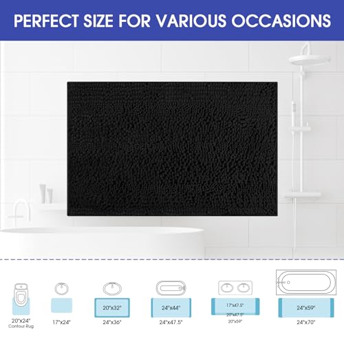 ACCUMTEK Striped Black Bathroom Rug Mat 36"x24" Ultra Soft, Non Slip Chenille Bath Rugs, Absorbent Plush Shaggy Bath Mats for Bathroom, Bedroom, Kitchen, Shower, Tub - color: Black, size: 1'11" x 2'11" (Rectangular)