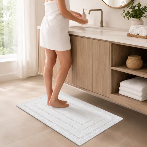 Bedding Craft Cotton Bath Mat Rug 21x34, Reversible Bathroom Rug, Water Absorbent, Machine Washable, Soft Cloth Bathmat for Outside Bathtub, Off White - color: Ivory, size: 1'9" x 2'10" (Rectangular)