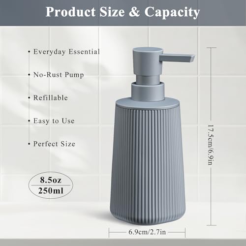 Gray Hand Soap Dispenser with No Rust Pump for Bathroom and Kitchen Countertops Refillable Striped Matte Plastic 8.5 oz - color: Gray