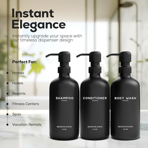 Black Shampoo and Conditioner Dispenser Set by Brighter Barns - Refillable Plastic Shower Soap Dispensers for Bathroom - Body Wash & Shampoo Bottles - Modern Bathroom Decor for Hotel, Airbnb (Black) - color: Black