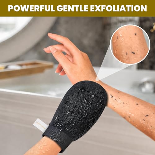 Premium Exfoliating Gloves for Shower 1Pcs, 100% Viscose Deep Exfoliating Body Scrubber, Dead Skin Remover, Washcloth Body Exfoliator Scrubber for Self-Tan Removal, Smooth & Renewed Skin - color: Black