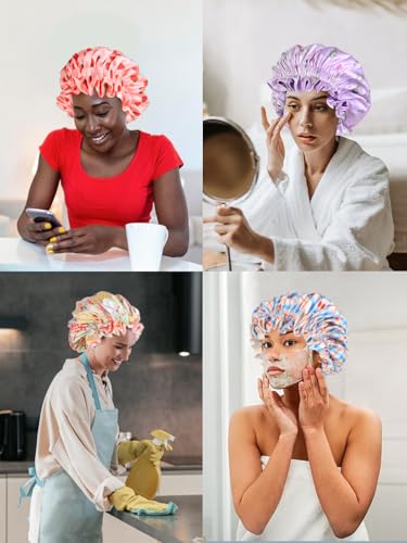 Floral Satin Bonnet with Scrunchie Set,Double Layer Ruffle Reusable Sleeping Shower Cap for Curly Hair Purple-rabbit - color: Purple-rabbit