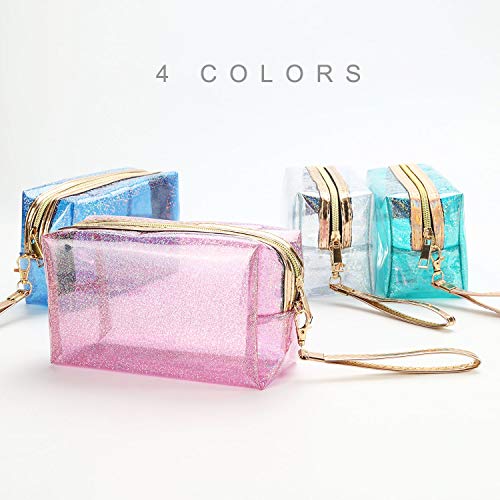 4Pcs Waterproof Cosmetic Bags PVC Transparent Zippered Toiletry Bag with Handle Strap Portable Clear Makeup Bag Pouch for Bathroom, Vacation and Organizing