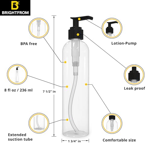 BRIGHTFROM Lotion Pump Bottles, Empty 8 OZ, BPA-Free Refillable Plastic Containers, Clear with Black Dispenser for - Soap, Shampoo, Lotions, Liquid Body Soap, Creams and Massage Oil (3 Pack) - color: Clear
