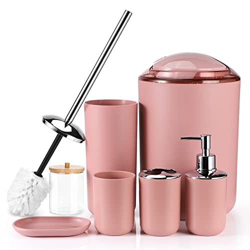 Otostar Plastic Bathroom Accessories Set Decor Countertop Gift Set Bathroom Accessory Set Includes Toothbrush Holder Soap Dispenser Tumbler Soap Dish Toilet Brush Holder Trash Can Qtip Holder (Pink) - style: B-Pink 3308