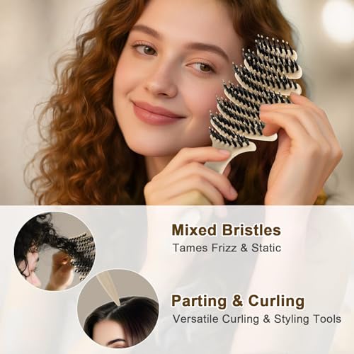 Wet Natural Boar Bristle Hair Brush for Fine Hair - A Great Gift | Smoothing Vented Detangling, Hair Texture, Gentle Scalp Feel, for Women and Men, Paddle, Frizz, Thin Hair, High Quality - color: Ivory