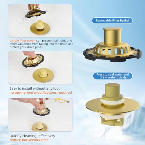 Universal Bathtub Drain Stopper, Brass Metal Shower Hair Catcher, Brushed Gold | 3 in 1 Bathroom Sink Strainer with Visible Top Filter, Tub Stopper for Standard 1.1''~2.36'' Sink Hole - color: Brushed Gold
