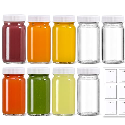 9 Pack 2 oz Glass Shot Bottles w/ White Lids & 9 Labels - Small Clear Jar for Ginger, Wellness Shot, Juice, Sample, Whiskey - Travel Essentials Mini Bottles - Wide Mouth, Leakproof, Dishwasher Safe - color: White Lids, size: 2oz-9 pack