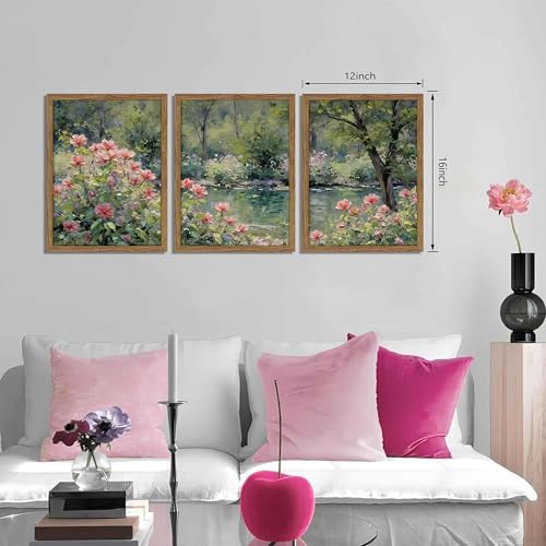 Framed Monet Wall Art Set of 3, Impressionist Botanical Floral Canvas Wall Decor, Vintage Cottagecore Artwork Paintings, Nature Landscape Flowers Prints Pictures for Living Room Bedroom 12x16 Inch - color: Green Flower Lake, size: 16"L x 12"W