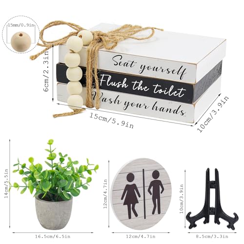 Bathroom Shelf Decor Signs, Book Stack and 3D Round Signs With Fake Plants, Funny Wooden Decor for Restroom Shelf Guest Bathroom (Flush the toilet) - color: Flush the toilet