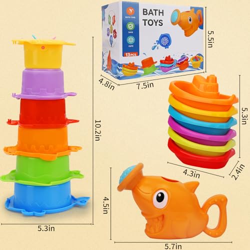 Baby Bath Toys for Kids Ages 1-3,13 Pcs Bathtub Toys for Babies 6-12-18 Months, Mold Free Bath Toys Toddlers 2-4 Years Old,Stacking Cups & Watering Can,Water Table Toys for Infants Boys Girls 1 2 3 4 - style: Orange