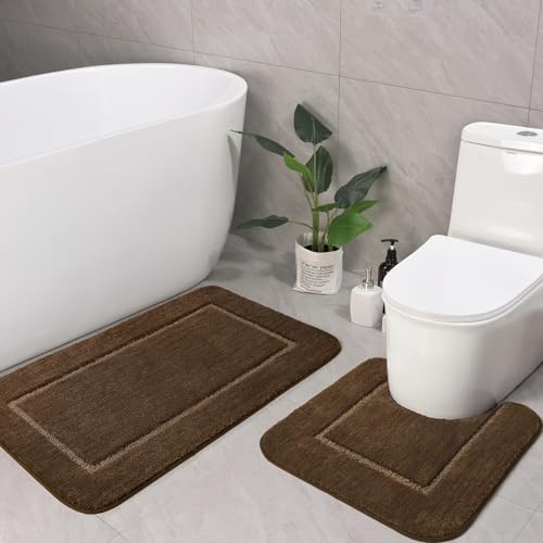 LOCHAS Bathroom Rug Set Light Brown, Soft Bath Rug Set 2 Piece Set, Toilet Mat U-Shaped 20x20 and 34x20 Bath Rugs, Quickly Dry Mats for Bathroom, Tub, Washable, Super Absorbent Floor Mat - color: Light Brown, size: 34" x 20" Plus 20" x 20" (U-Shape)
