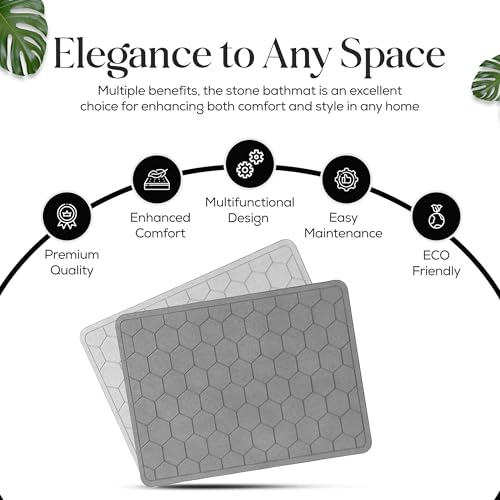 Diatomaceous Earth Stone Bathmat | Eco-Friendly XL Stone Bath Mat 18x24 Inch. Instant Dry Bathroom Mat with Sandpaper & Pads. Multiuse, Kitchen Counter & Stone Dog Bowl Mat (2, Grey) - color: Grey