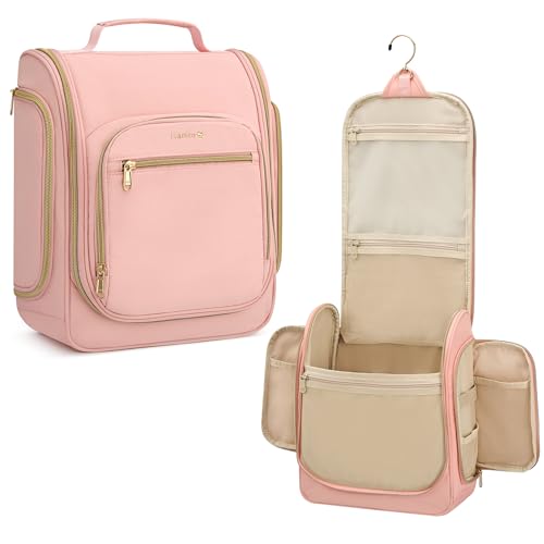 Hanke Hanging Travel Toiletry Bag for Men and Women, Water-Resistant Toiletries Bag Makeup Organizer with Hook, Cosmetic Bag for Bathroom & Travel Essentials Accessories, Pink - color: Pink
