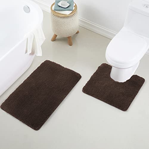 YHF Bathroom Rug Set 2Piece, Thick &Soft Microfiber Shaggy, U Shaped Contour, Machine Washable Bath Mats, Absorbent Bath Rugs, Non-slip Rubber Backing Bath Mat for Bathroom Floor, Tub and Shower,Brown - color: Brown, size: 2 Piece: 20" X 20" + 20" X 32" (