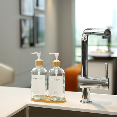 Clear Glass Soap Dispenser with Bamboo Pumps&Tray&Labels, Hand Dispenser, Lotion Dispenser, Dish Soap Dispenser for Kitchen Sink. (Clear) - color: Clear