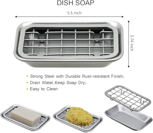 SheeChung Kitchen and Bathroom Soap Dish Tray - Metal Soap Dish Tray with Drainage Grid and Holder for Kitchen Sink Countertops to Store Soap, Sponges, Scrubbers - Rust Resistant (1 Pack, Silver) - color: Silver