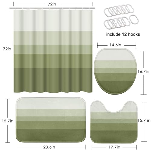 Striped Green Shower Curtain Set with Toilet Lid Cover and Non-Slip Rugs for Bathroom, Minimalist Neutral Ombre 4 Pcs Shower Curtain, Modern Bathroom Set with 12 Hooks - color: Ombre Green