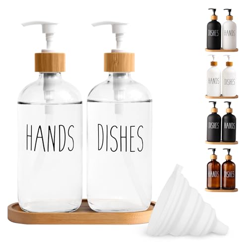 LOOCHICA Clear Glass Soap Dispenser Set with Tray, Transparent Dish and Hand Soap Dispenser Set, Refillable Reusable Apothecary Soap Pump Dispenser Bottles for Bathroom and Kitchen - color: A05-2 X Clear