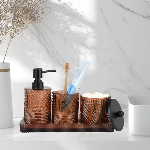 Bathroom Accessories Set,4 Pcs Amber Glass Bathroom Accessories Sets Complete with Lotion Soap Dispenser,Toothbrush Holder,Qtip Holder Dispenser and Vanity Tray,Bathroom Countertop Vanity Organizer - color: Amber Brown