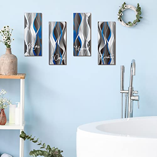 Qunclay Set of 4 Pcs 11 x 4 Inch Blue and Black Striped Bathroom Wall Art Grey and White Relax Soak Unwind Breathe Wall Art Farmhouse Rustic Wood Bathroom Decor Hanging Modern Wooden Printed Sign
