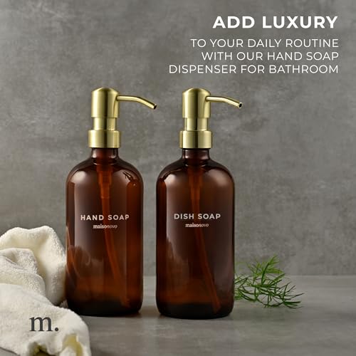 MaisoNovo Soap Dispenser 2-Piece Set | 16.9oz Amber Bottles with Gold Stainless Steel Pump Core - color: Amber/Gold