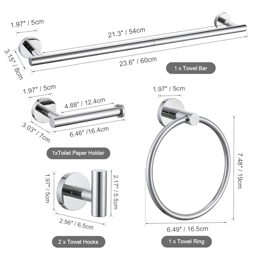 TURS Chrome 5 Piece Bathroom Hardware Set, SUS304 Stainless Steel 24 Inch Bath Towel Bar Set, Round Bathroom Accessories Kit Wall Mounted - color: Chrome