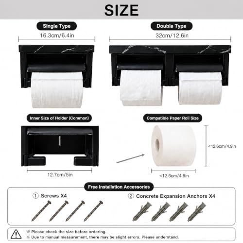 Modern Black Double Marble Toilet Paper Holder, Extra Large Wall Mount Marble Toilet Paper Dispenser with Cover, Dual Bathroom Wall Toilet Paper Roll Holder - color: Marble Black&black, size: Full