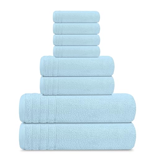 Tens Towels Pack of 8 Towels Set, 2 Extra Large Bath, 2 Hand, 4 Washcloths, 100% Cotton, Lighter Weight, Quicker to Dry, Super Absorbent, Perfect for Bathroom, Sky Blue - color: Sky Blue