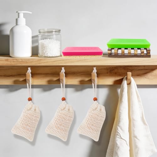 Supkiir 48 Pcs Soap Saver Set Including 16 Pcs Wooden Dish Holder, 16 Pcs Exfoliating Bag and 16 Pcs Saver Pads with Self Drain, Mix-color Soap Accessories Set for Shower Bath Toilet Kitchen and Hotel