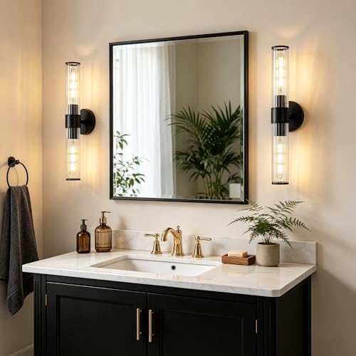 Bathroom Light Fixtures 2 Pack Hardwired, Black Wall Sconce Threaded Glass Vanity Light Featuring Two E26 sockets, Bathroom Wall Light Dimmable - Bulb Not Included, UL Certification - color: Black Threaded Glass-2Pack