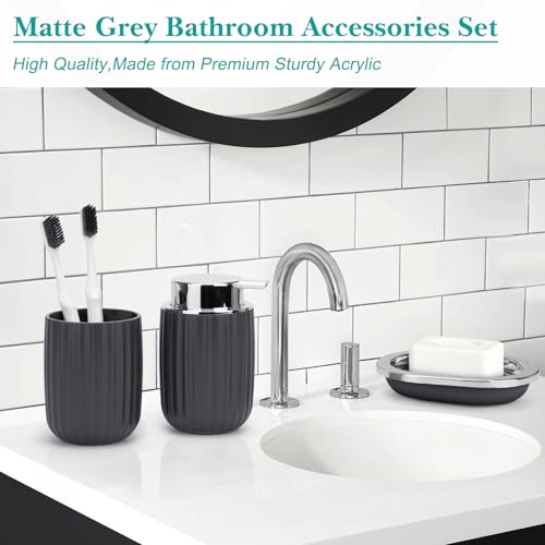 Boperzi Bathroom Accessories Set Complete: 8pc Bathroom Accessory Set with Trash Can 2pc for Floor/Counter, Toilet Brush, Soap Dispenser, Toothbrush Holder, Adhesive Hook, Grey Modern Bathroom Set