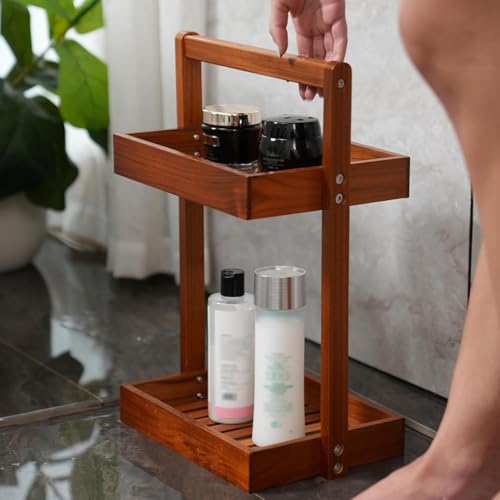 Utoplike Teak Wood Shower Caddy Corner, 2 Tier Bathroom Organizer Countertop, Standing Shower Rack with Handle, Stand Up Shower Basket for Shampoo, Shelf Rack for Inside Shower, Kitchen Desktop - color: 2 tier