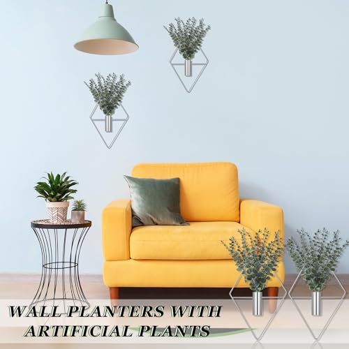 Jexine 4 Pcs Hanging Planters with Artificial Eucalyptus, Chrome Silver Wall Decor Metal Hanging Vase Indoor Plants Holder Modern Geometric Bathroom Decor for Living Room Home Office - color: Chrome Sliver, size: Eucalyptus