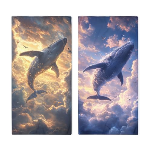 Whale Hand Towels, Dreamy Sunset Sky Clouds Birds Whale Bathroom Towel Soft Absorbent Small Bath Towels Decorative Kitchen Guest Dish Towel - color: Whale