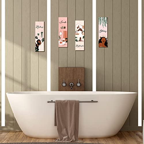 Yookeer 4 Pcs Black Girl Bathroom Wall Decor Pink Decor Boho Wall Art Print Black Women African American Wood Plaque Bathroom Hanging Decors for Home Spa Restroom Dressing Room