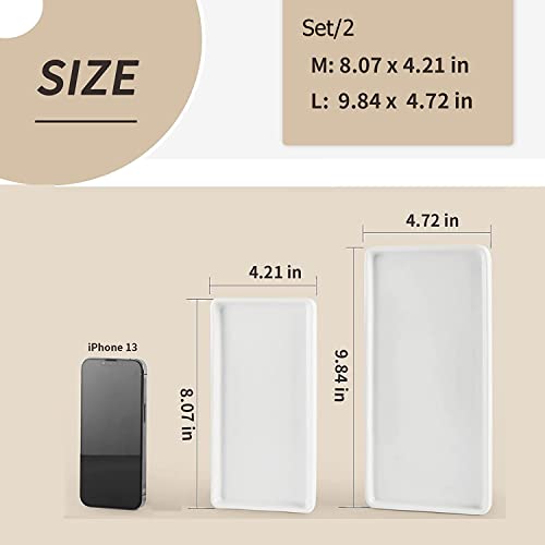 Gurygo 2 Pack 8"/10" Bathroom Trays, Ceramic Vanity Trays for Bathroom, Small Ceramic Tray, Kitchen Soap Tray for Kitchen Counter (White,Set/2) - color: White, size: M + L (Set/2)