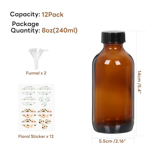 STARSIDE 12 Pack 8 oz Amber Glass Bottles with Lids, 240 ml Round Boston Bottles for Essential Oils, Hot Sauce, Juice, Liquids, Include 2 Funnel, 12 Labels. - size: M