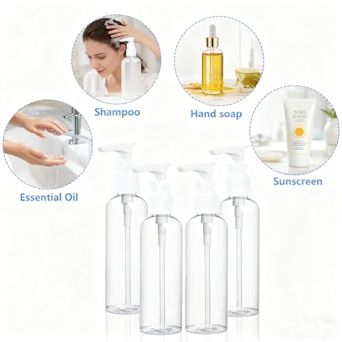 DTDNZKN 4 Pack 3.4 Oz (100ml) TSA Approved Travel Pump Bottles | Refillable Plastic Lotion Dispenser Leakproof Pump Bottle for Toiletries Clear Travel Size Bottles with Labels