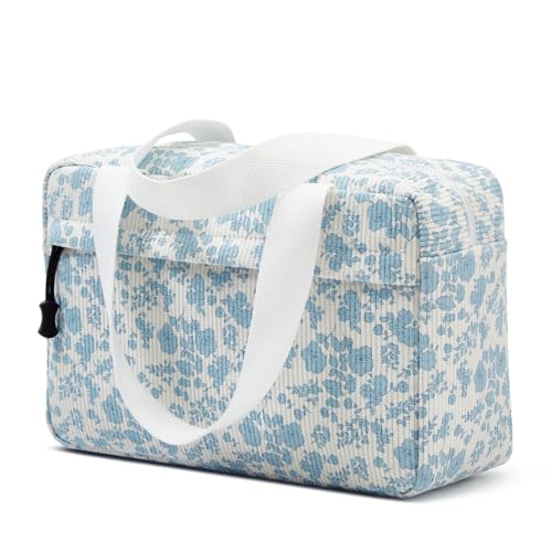 Large Makeup Bag for Women Corduroy Cosmetic bag Make up Bags Zipper Pouch with handle Cosmetic Organizer Toiletry Bag for Travel Storage - color: 13-Blue Flower
