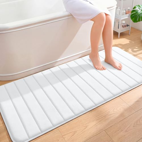 OLANLY Memory Foam Long Bathroom Rugs Runner 59x24, Super Soft Absorbent Bath Mat, Quick Dry, Machine Washable Shower Floor Rugs, Bathmat Carpet, Bathroom Home Decor Accessories, White - color: White, size: 59" X 24"