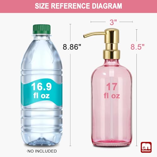 GMISUN Pink Soap Dispenser Bathroom, 2 Pack Kitchen Hand and Dish Soap Dispensers Set, 17 Fl Oz Pink Glass Soap Dispenser with Gold Pump, Refillable Modern Farmhouse Liquid Soap Pump Bottles - color: Pink Bottle + Golden Pump