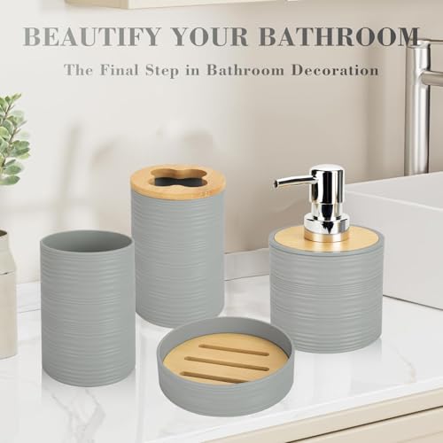 4 PCS Grey Bathroom Accessories Set, Includes a Soap Dispenser, Toothbrush Holder, Soap Dish and Mouthwash Cup, Plastics & Bamboo Bathroom Set, Bohemian Style Bathroom Sink Set - color: Grey, size: 4 PCS
