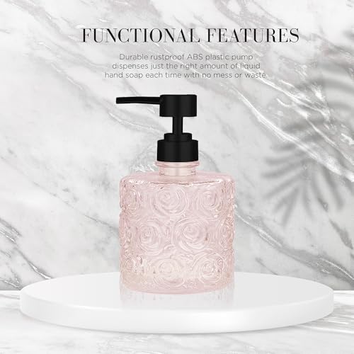 Marcella Glass Soap Dispenser with Soap Pump, Refillable 14 Ounce Capacity, Floral Design Rose Patterns, Heavy Weight Thick Glass for Bathroom, Premium Kitchen Soap Dispenser Peach Blush - color: Peach Blush