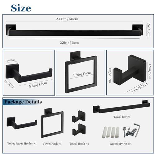 5-Pieces Wall Mount Bathroom Accessories Bathroom Hardware Set,23.6 Inch Stainless Steel Waterproof Towel Bars,Toilet Paper Holder with Shelf,Towel Ring,Coat Hook,Matte Black 5PC - Rectangle - color: Matte Black 5pc - Rectangle
