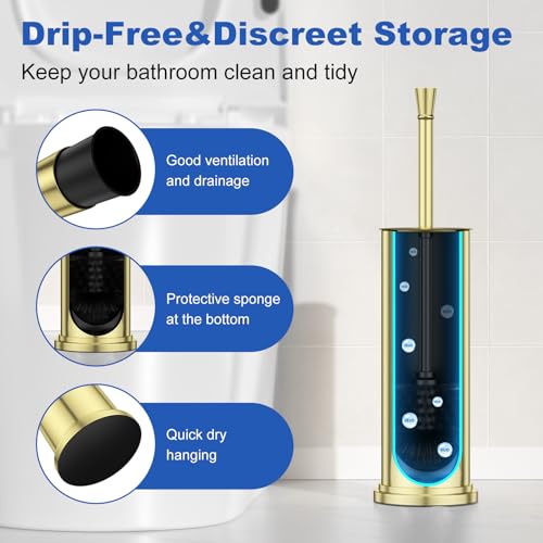 Toilet Brush and Holder Set：304 Stainless Steel Heavy Duty Toilet Bowl Brush，Removable Inner Bowl and Splash Protection，Bathroom Toilet Brush-Dense Bristles for Through Cleaning - color: Bright Gold