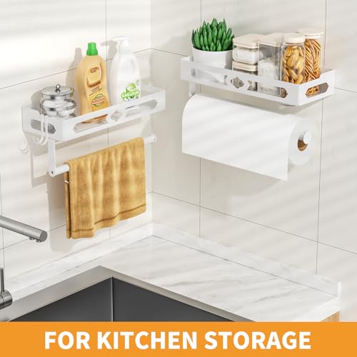 White Paper Towel Holder Wall Mount with Shelf - Adhesive Hand Towel Rack, Space-Saving for Bathroom, Kitchen, RV Camper - color: White