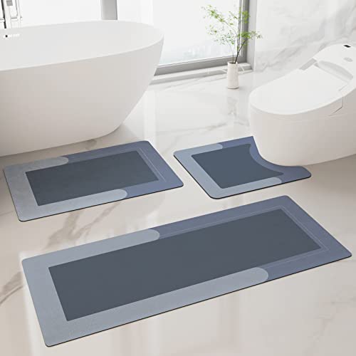 HelloTree 3PCS Bath Mat Rug Rubber Non Slip Quick Dry Rug Sets Super Absorbent Thin Bathroom Rugs Fit Under Door Blue Washable Bathroom Floor Mats for in Front of Bathtub, Shower Room, Sink - color: Blue, size: 20" X 32" + 20" X 47"+ U Shape 20" X 24"